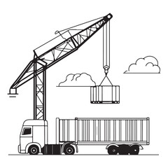 Crane Lifting Shipping Container on Truck silhouette, Car Transporter Silhouette, Black white isolated vector, Crane Lifting Shipping Container on Truck vector illustration on white background See Les