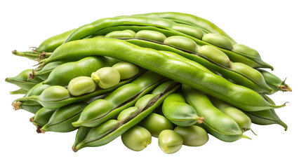 A vibrant pile of fresh green broad beans in their pods showcasing their natural texture and color isolated on transparent background