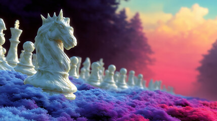 Chess pieces on colorful surreal landscape at sunset