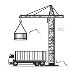 Crane Lifting Shipping Container on Truck silhouette, Car Transporter Silhouette, Black white isolated vector, Crane Lifting Shipping Container on Truck vector illustration on white background See Les