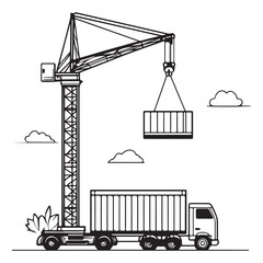 Crane Lifting Shipping Container on Truck silhouette, Car Transporter Silhouette, Black white isolated vector, Crane Lifting Shipping Container on Truck vector illustration on white background See Les