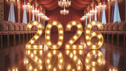 A lavish hall features illuminated numbers "2026," surrounded by elegant decor and chandeliers, reflecting a festive atmosphere.