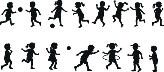 Children silhouette vector, kids playing, running, jumping, hula hoop, ball activity, childhood fitness, outdoor movement, energetic poses, sport illustration, side profile