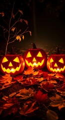 Halloween pumpkins glowing in the dark with leaves around them in a spooky setting