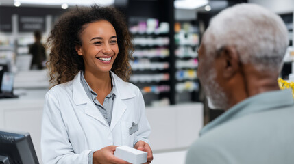 Smiling female pharmacist in white coat handing medication box to senior male customer at modern pharmacy counter, symbol of healthcare support and trust seoo: pharmacist helping s