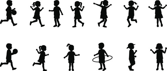 Children silhouette vector, kids playing, running, jumping, dancing, hula hoop, ball activity, black figures, childhood motion, energetic poses, outdoor fun