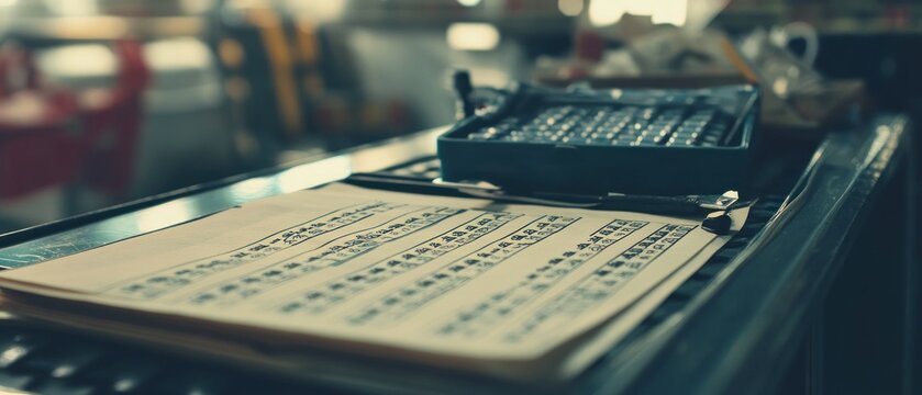 Close up of manuscript and printing blocks on dark surface