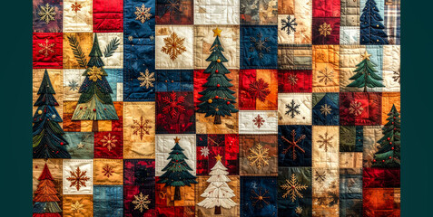 A festive patchwork pattern featuring Christmas trees and snowflakes. Holiday quilt beautiful background banner for creative themes.