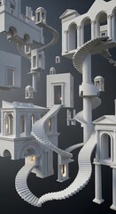 Impossible architecture with stairs and buildings in a surreal dreamlike world