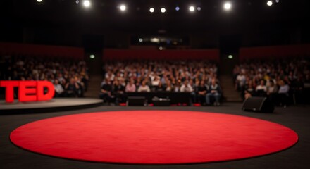 Mockup the iconic red ted stage with the ted logo and a live audience in the background for commercial usage