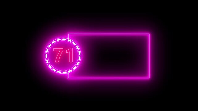 Neon Number 71 In Circle With Rectangular Frame On Black Background.Neon number text animation with alpha channel.Colorful circle on Black background 4k video.