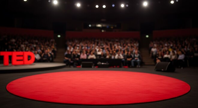 Mockup the iconic red ted stage with the ted logo and a live audience in the background for commercial usage