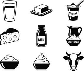 Dairy products vector set, milk, cheese, butter, yogurt, sour cream, cow icon, black and white food illustrations, farm nutrition symbols