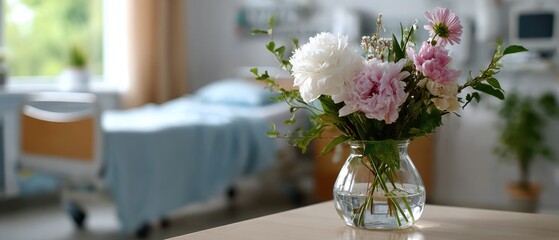 Delicate vases filled with colorful flowers bring warmth and joy to a hospital room, softly lit by sunlight through the window.
