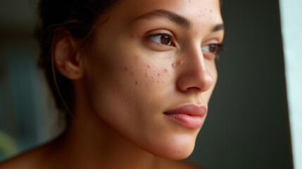 Close-up of young womanâs face with visible acne, inflamed red pimples, enlarged pores, and skin imperfections, concept of dermatology, acne treatment, and skincare challenges acne