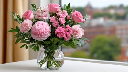 Fototapeta premium Delicate vases filled with colorful flowers bring warmth and joy to a hospital room, softly lit by sunlight through the window.