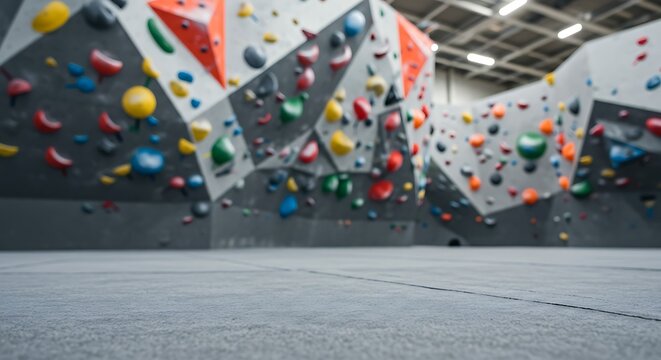 Mockup indoor bouldering gym with colorful climbing holds on a modern wall for commercial usage
