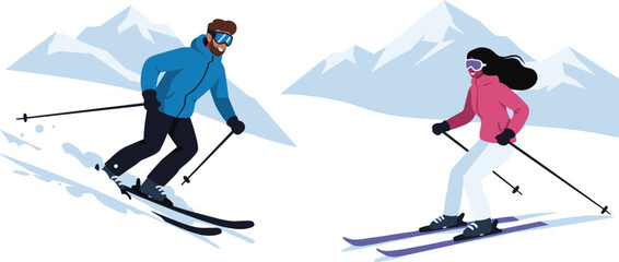 Man and woman skiing on snowy mountain, winter sports couple wearing ski gear, active lifestyle, outdoor adventure, holiday travel, mountains