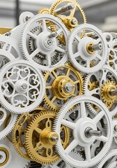 Intricate clockwork gears mechanism with gold and white parts showing engineering design