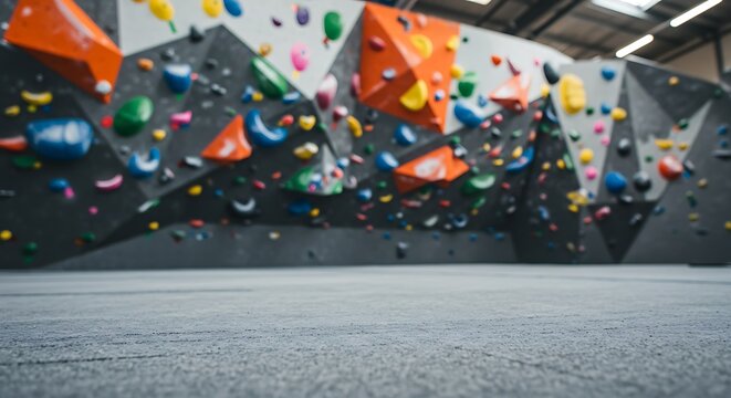 Mockup colorful climbing holds on a modern bouldering wall in an indoor gym for commercial usage