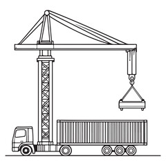 Crane Lifting Shipping Container on Truck silhouette, Car Transporter Silhouette, Black white isolated vector, Crane Lifting Shipping Container on Truck vector illustration on white background See Les