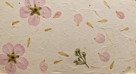 Pale pink blossoms and petals scattered on textured cream paper creating a floral background design