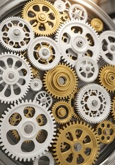 Intricate mechanism of golden and white gears meshing together in a complex arrangement