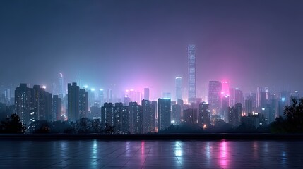 Fototapeta premium Night City Skyline with Glowing Skyscrapers and Wet Surface Reflecting Neon Lights in Urban Landscape with Trees and Buildings Under Dark Sky