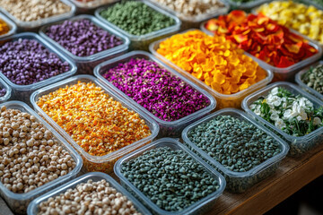 Various colored spices arranged beautifully.