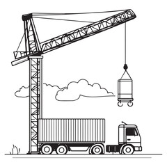 Crane Lifting Shipping Container on Truck silhouette, Car Transporter Silhouette, Black white isolated vector, Crane Lifting Shipping Container on Truck vector illustration on white background See Les