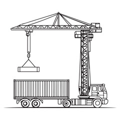 Crane Lifting Shipping Container on Truck silhouette, Car Transporter Silhouette, Black white isolated vector, Crane Lifting Shipping Container on Truck vector illustration on white background See Les