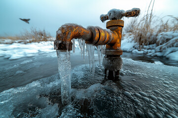 Close-up of a metal faucet outdoors in mid-winter, frozen droplets forming around the tap, icy textures, cold environment, frost accumulation, frozen water, metallic details, winter chill, intricate i