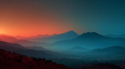Breathtaking Sunrise Over Mountain Landscape with Rolling Hills and City Lights in the Valley