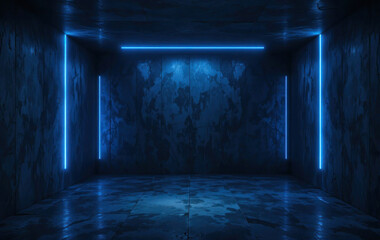 Ultra realistic dark concrete room with blue neon lighting, cinematic futuristic seamless background design