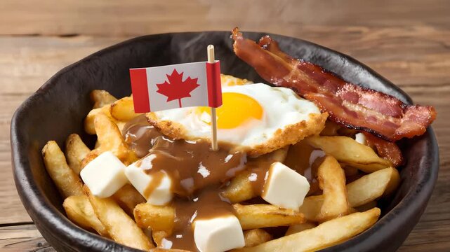 Steaming Canadian poutine with fries, melted cheese curds, rich brown gravy, fried egg and crispy bacon in rustic bowl, small Canadian flag moving slightly, authentic comfort food animation