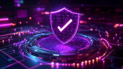 Futuristic glowing purple shield with a digital check mark floating above a neon-lit platform, symbolizing cybersecurity, data protection, verified access, and high-tech secure systems in cyberspace