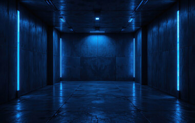 Ultra realistic dark concrete room with blue neon lighting, cinematic futuristic seamless background design