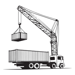 Crane Lifting Shipping Container on Truck silhouette, Car Transporter Silhouette, Black white isolated vector, Crane Lifting Shipping Container on Truck vector illustration on white background See Les