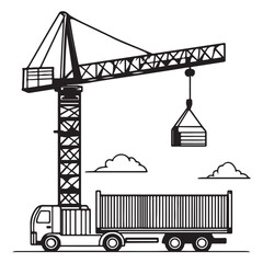 Crane Lifting Shipping Container on Truck silhouette, Car Transporter Silhouette, Black white isolated vector, Crane Lifting Shipping Container on Truck vector illustration on white background See Les