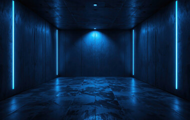 Ultra realistic dark concrete room with blue neon lighting, cinematic futuristic seamless background design