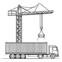 Crane Lifting Shipping Container on Truck silhouette, Car Transporter Silhouette, Black white isolated vector, Crane Lifting Shipping Container on Truck vector illustration on white background See Les