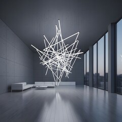 Modern lighting fixture in minimalist interior with large windows and white furniture