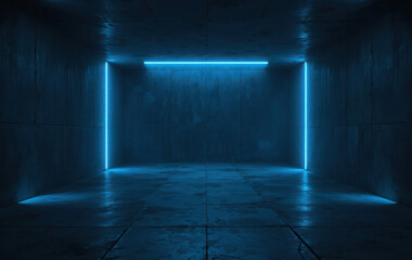 Ultra realistic dark concrete room with blue neon lighting, cinematic futuristic seamless background design