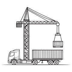 Crane Lifting Shipping Container on Truck silhouette, Car Transporter Silhouette, Black white isolated vector, Crane Lifting Shipping Container on Truck vector illustration on white background See Les