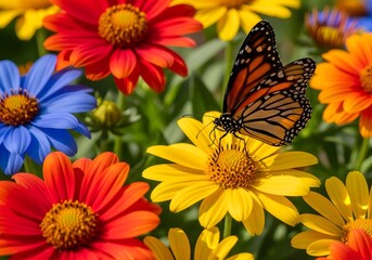Monarch butterfly on yellow flower with vibrant colorful flowers in the background