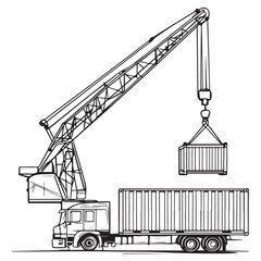 Crane Lifting Shipping Container on Truck silhouette, Car Transporter Silhouette, Black white isolated vector, Crane Lifting Shipping Container on Truck vector illustration on white background See Les