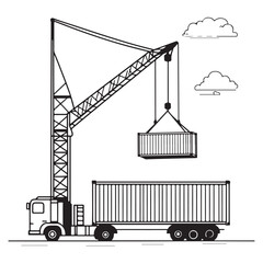 Crane Lifting Shipping Container on Truck silhouette, Car Transporter Silhouette, Black white isolated vector, Crane Lifting Shipping Container on Truck vector illustration on white background See Les