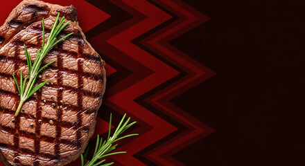 'Grilled steak with rosemary garnish on a bold red zigzag background, showcasing a mouthwatering, high-quality culinary present...