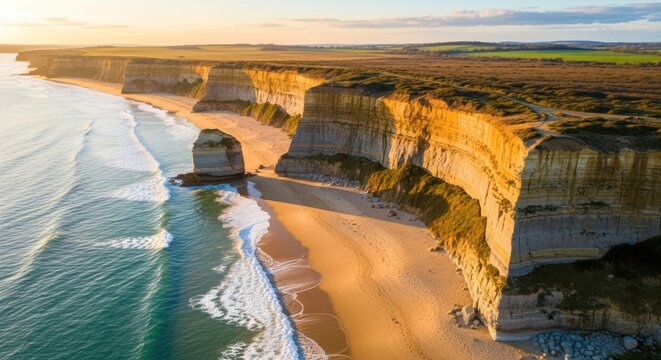 Aerial view of majestic sea cliffs, golden sandy beach, and ocean waves at sunset, featuring a prominent sea stack and expansive green fields.