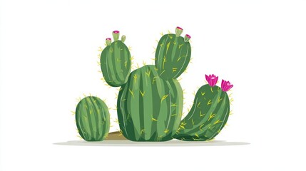 Fototapeta premium A group of green cacti with pink flowers blooming on top, set against a white background.